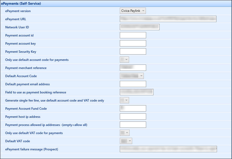 ePayments (Self-Service) institution settings screen